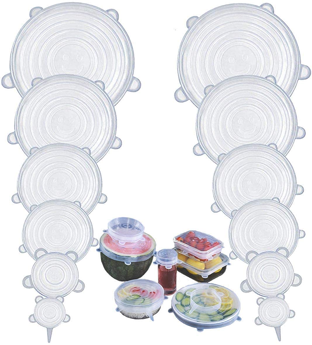Laavin Mart Silicone Lids, Set of 12 Multi Size Reusable Silicone Lids Food and Bowl Covers, Dishwasher and Freezer Safe (White,