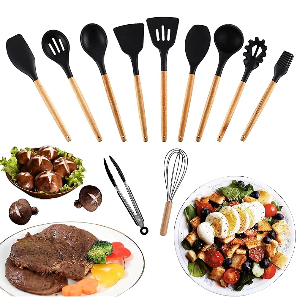 Silicone Cooking Utensils Set, 11 Pcs Black Silicone Cooking Utensils Set, Nonstick & 230C Heat Resistant Cooking Utensils With