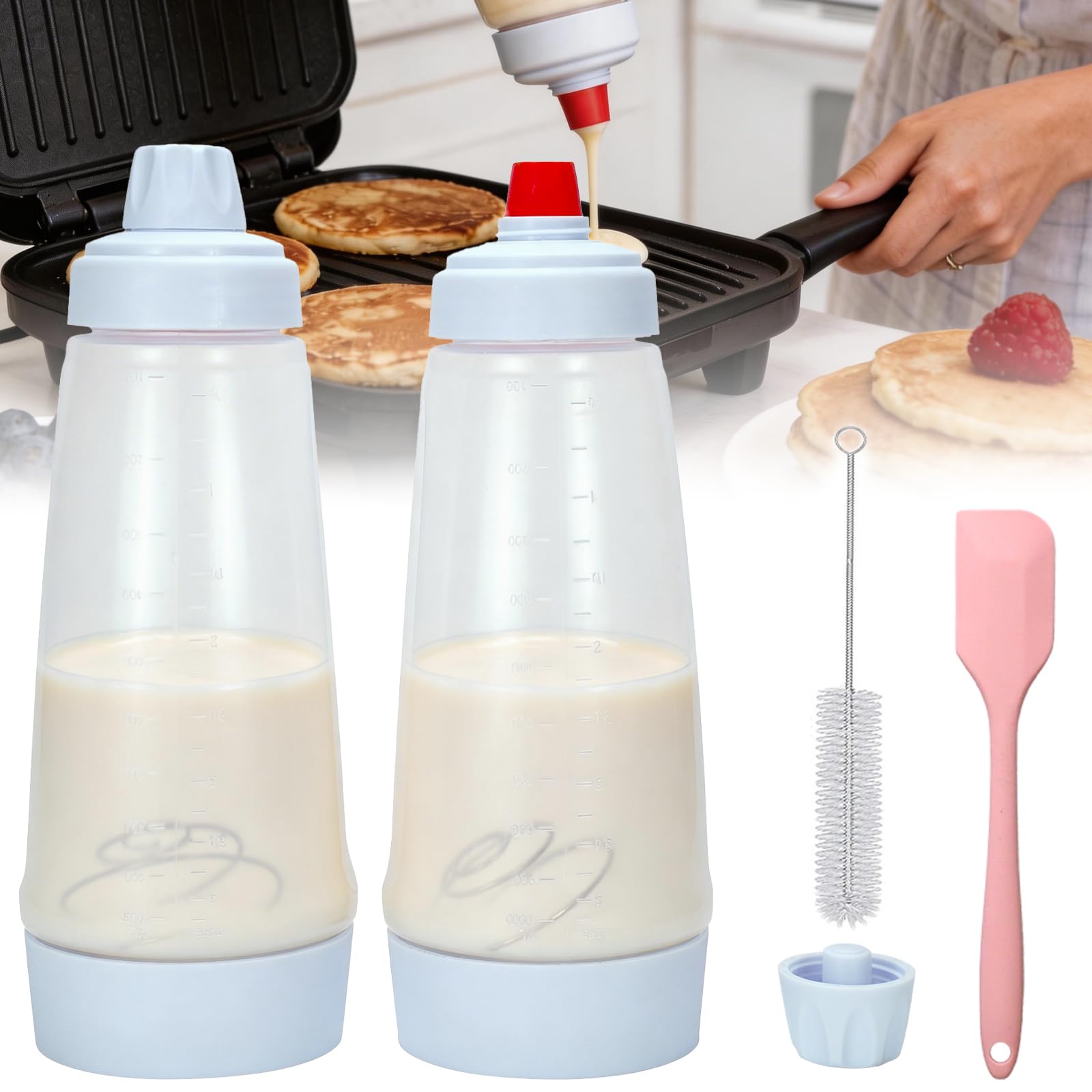 Pancake Batter Dispenser with BlenderBall & Wire Whisk - Includes Silicone Spatula & Cleaning Brush -Can shake Protein Powder, P