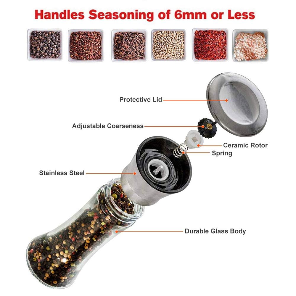Salt And Pepper Grinder Tall Size - Black Pepper,Herb Shakers Mill Refillable Manual - Stainless Steel Lid - Adjustable Coarsene