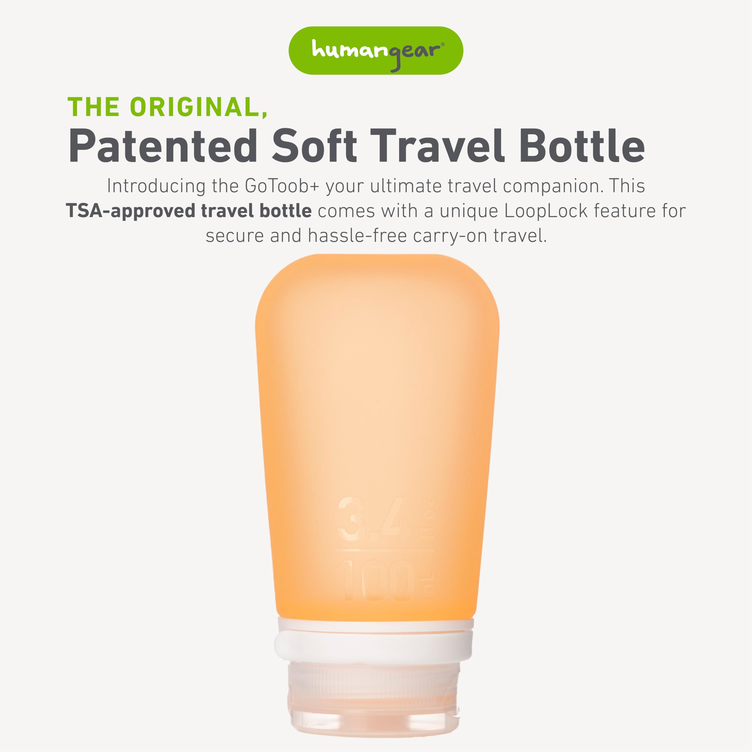 Humangear Gotoob+ (Large) | Refillable Silicone Travel Bottle | Locking Lid | Food-Safe Material | Orange, Large (3.4 Fl.Oz.; 10