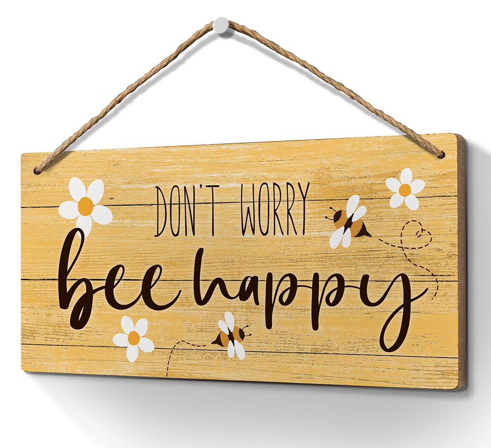 Heuhuww Dont Worry Bee Happy Sign 6x12 Bee Decor Signs for Front Door Wall Porch Home Room Decor,Inspirational Bee Gifts for Wom