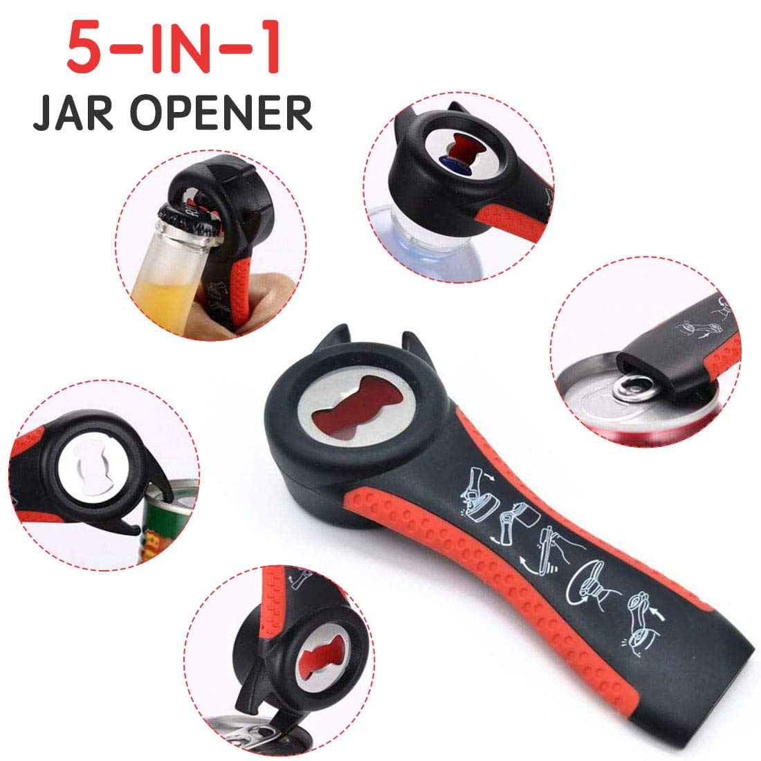 Jar Bottle Opener Non Slip Jar Gripper - Pad Rubber Jar Can Lid Opener,5 In 1 Multi Function Non-Slip Opener For Weak,Senior, Ar