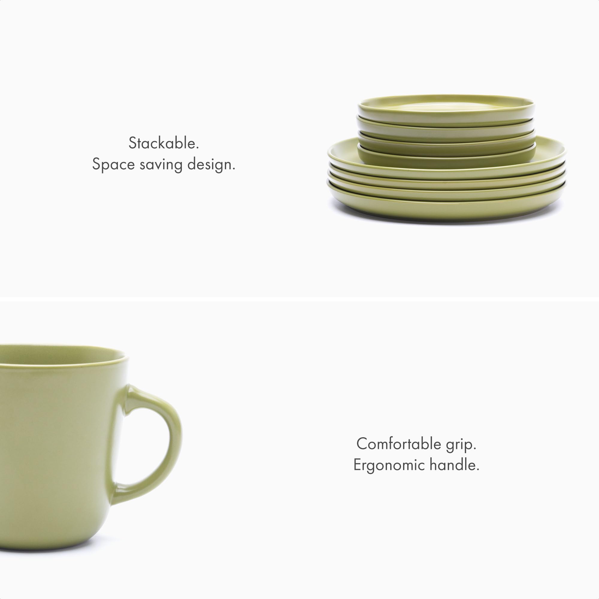 MLLERHEIM 903 Minimalist Collection 32-Piece Contemporary Ceramic Stoneware Dinnerware Sets for 8, Matte Greek Olive Plates and