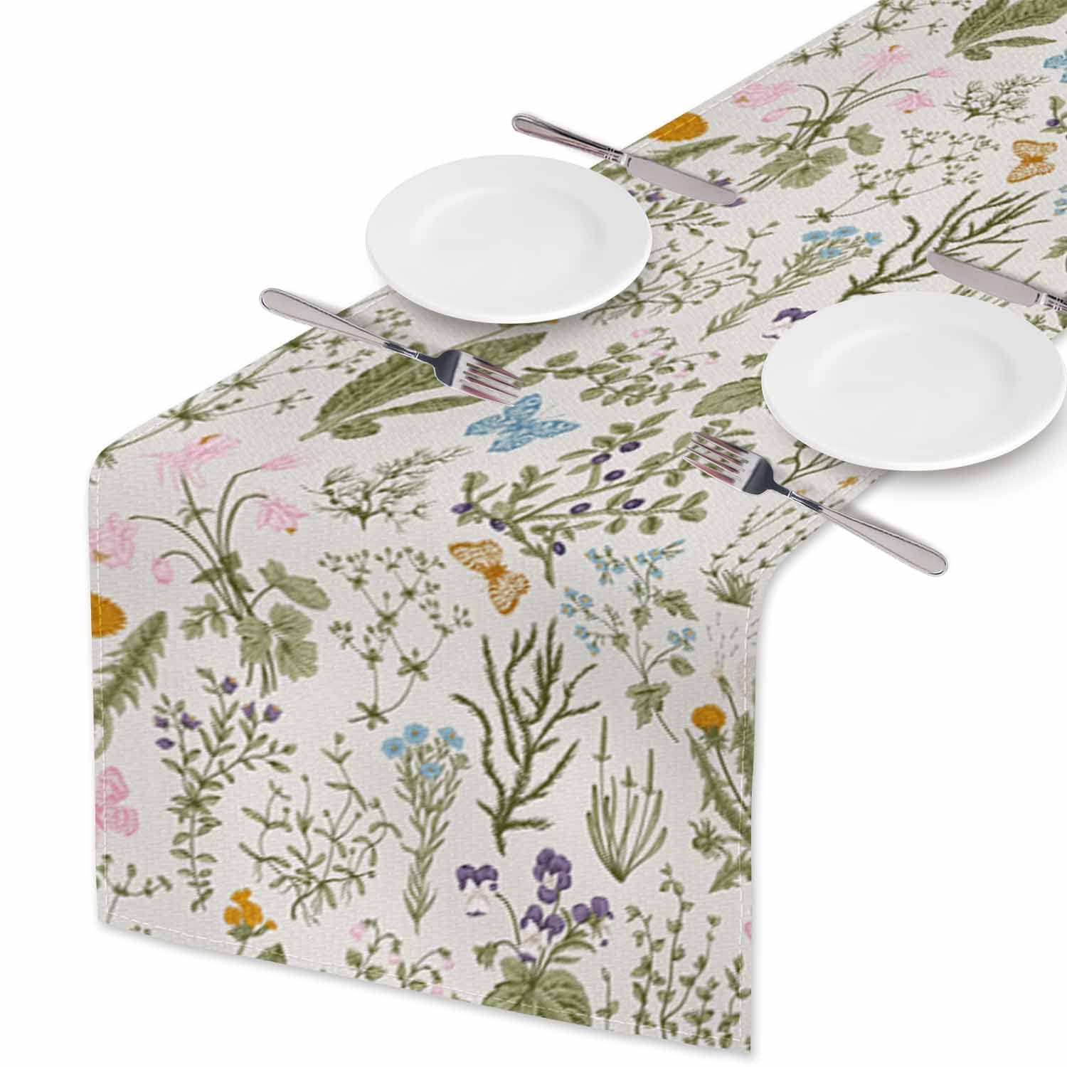 Hosnye Table Runner Colorful Vintage Herbs And Wild Flowers,Cotton Linen Table Runner Decoration For Kitchen Family Dinner Table