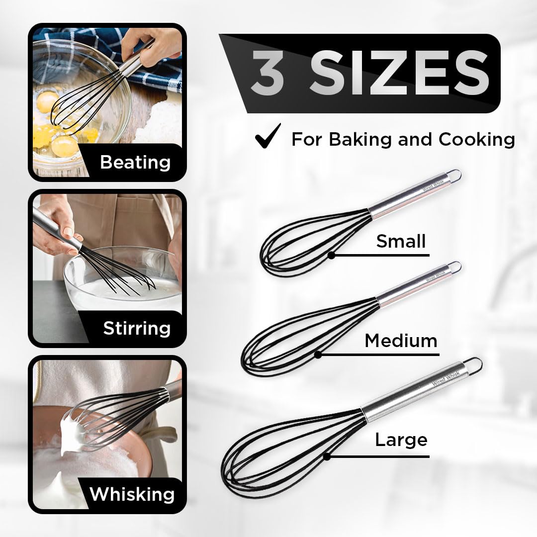 Silicone Whisk Set Of 3 - Silicone Whisks For Cooking Non-Scratch - Silicone Whisk Set - Hand Whisk - Wisk - Metal Whisk - Small
