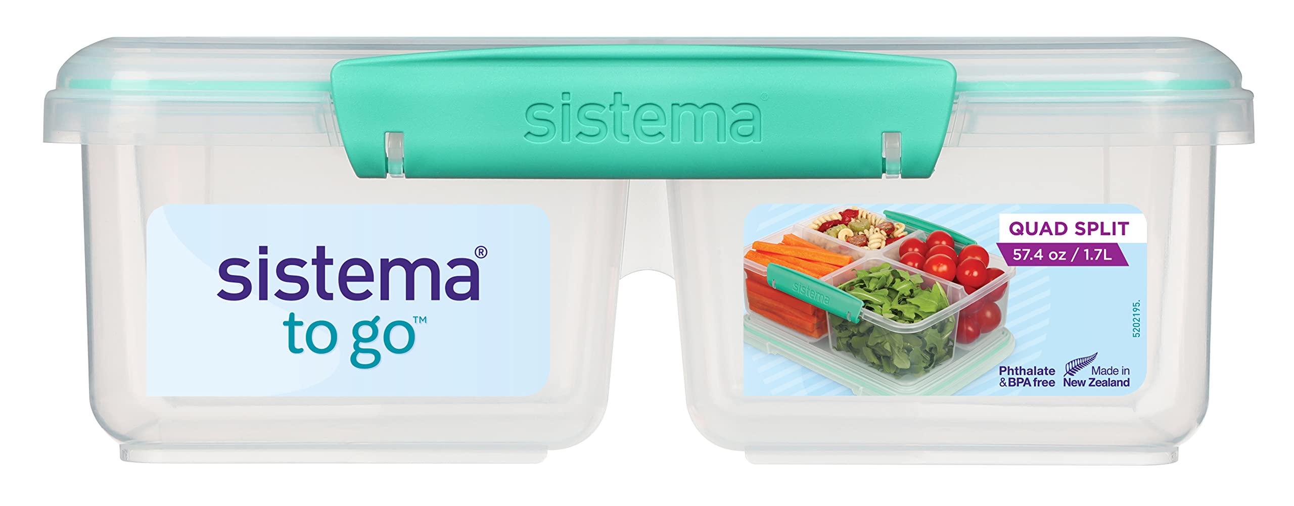 Sistema 1007708 To Go Quad Split Food Storage Container, Clear With Coloured Clips, 1.7 L