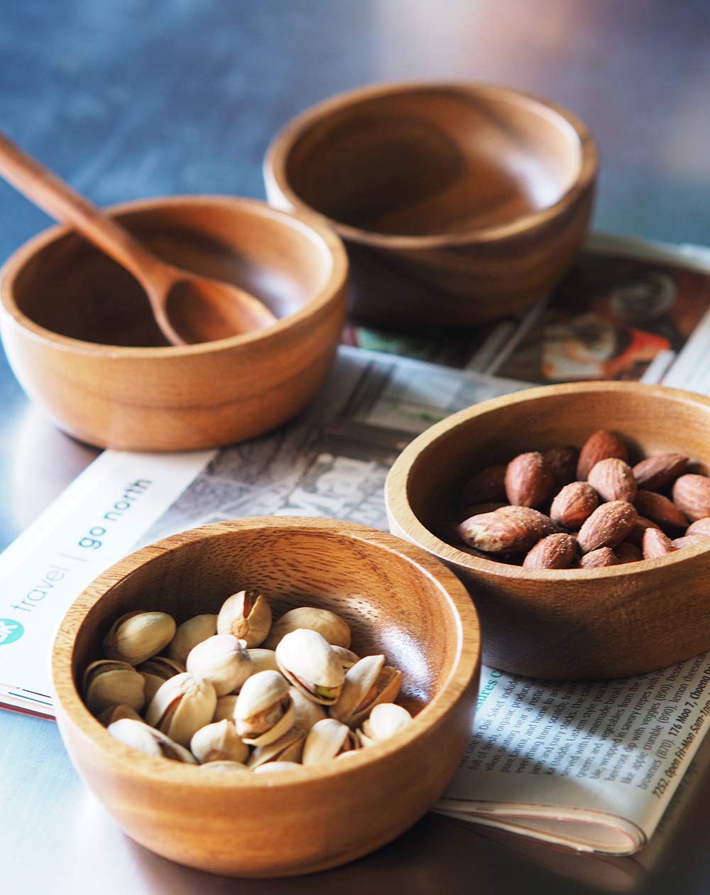 Bestysuperstore Small Round Wood Bowls 4 Pcs 3 '' Diameter 1 '' High Stackable Acacia Wooden Bowl Set With 4 Spoons For Serving