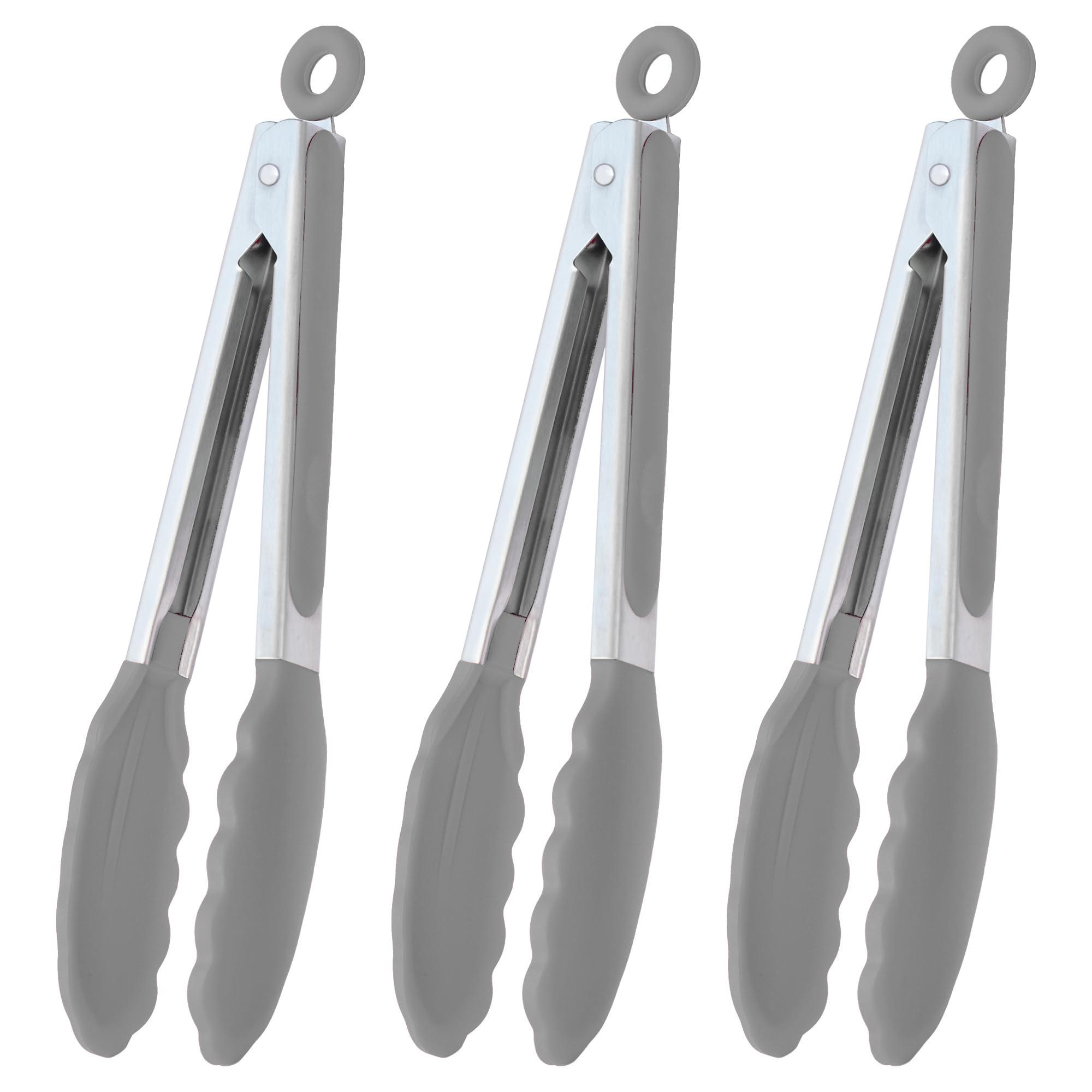 Hinmay Locking Kitchen Tongs With Silicon Tips 9-Inch Stainless Steel Grilling Tongs, Set Of 3 (Gray)