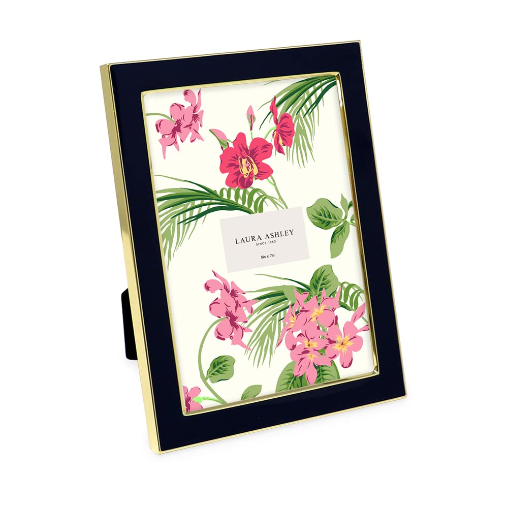 Laura Ashley 5x7 Black Enamel Picture Frame, Gold Metal Edge with Easel, for Countertop, Counterspace, Tabletop Display, Bookshe