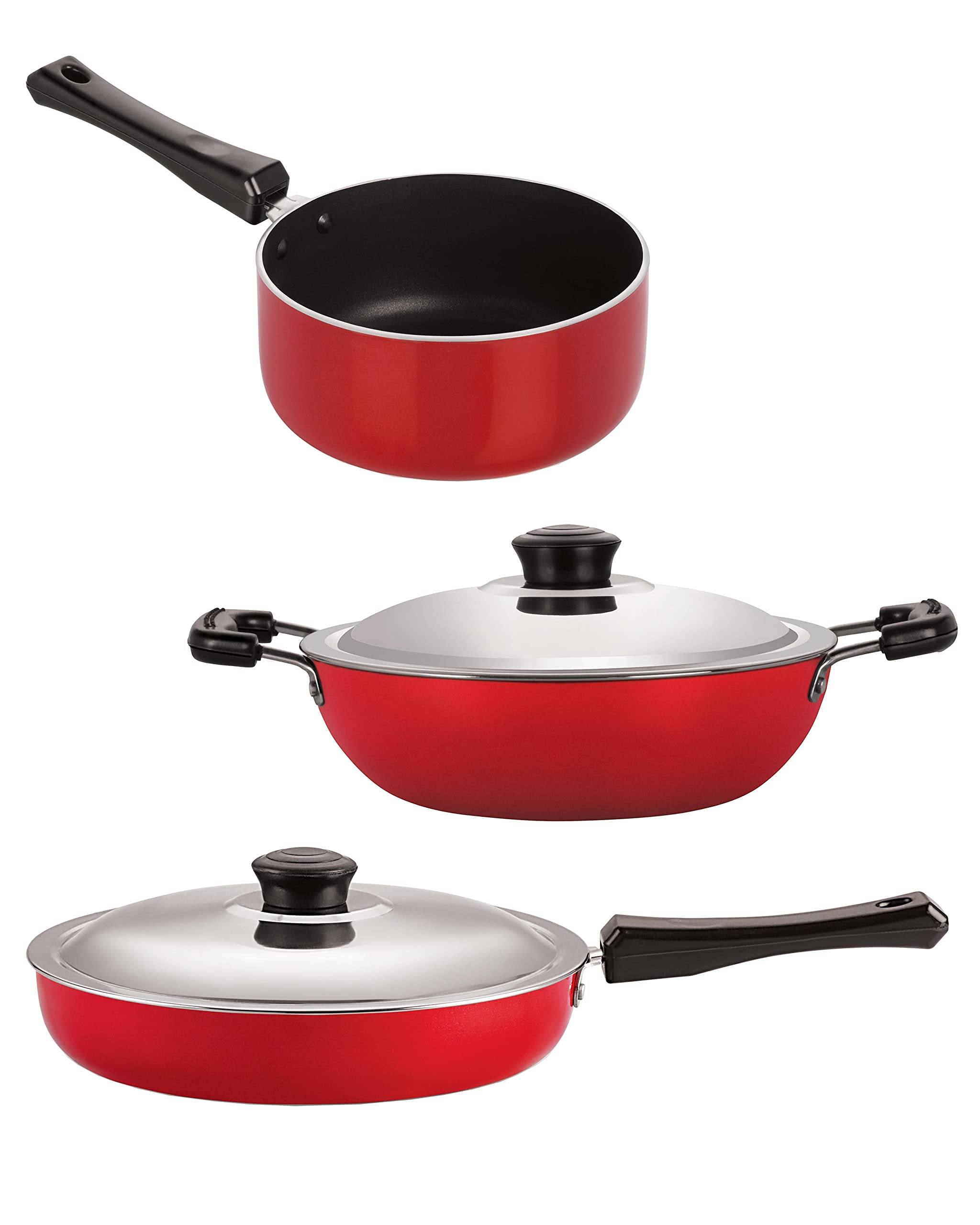 Nirlon Classic Range NonStick Cookware Set 3Pcs  (Fry Pan, Kadai & Sauce Pan) Red/Black (Aluminium)