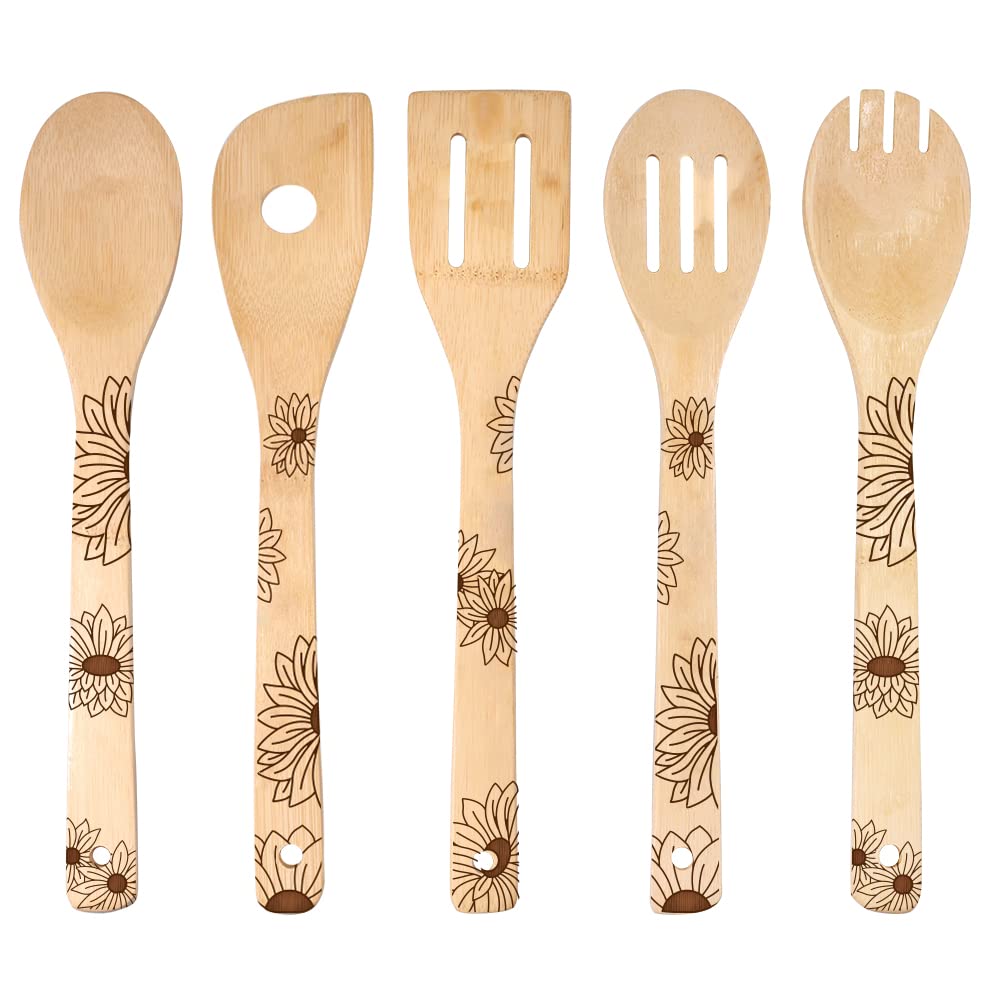 Hygnn Simple Sunflower Wooden Cooking Spoons,Organic Engraved Bamboo Utensils,Kitchen Decor Wedding Birthday Mom Anniversary, Or