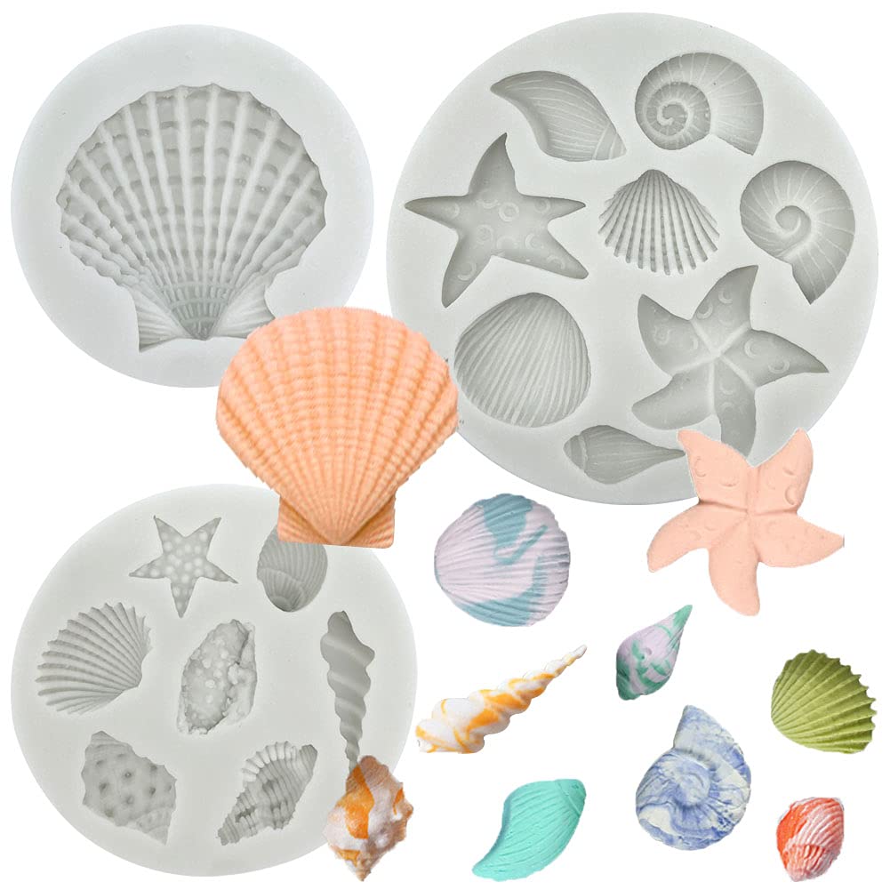 3 Pcs Marine Theme Cake Fondant Silicone Mold Seashell Conch Starfish Coral Baking Molds For Diy Cake Decoration Chocolate Candy