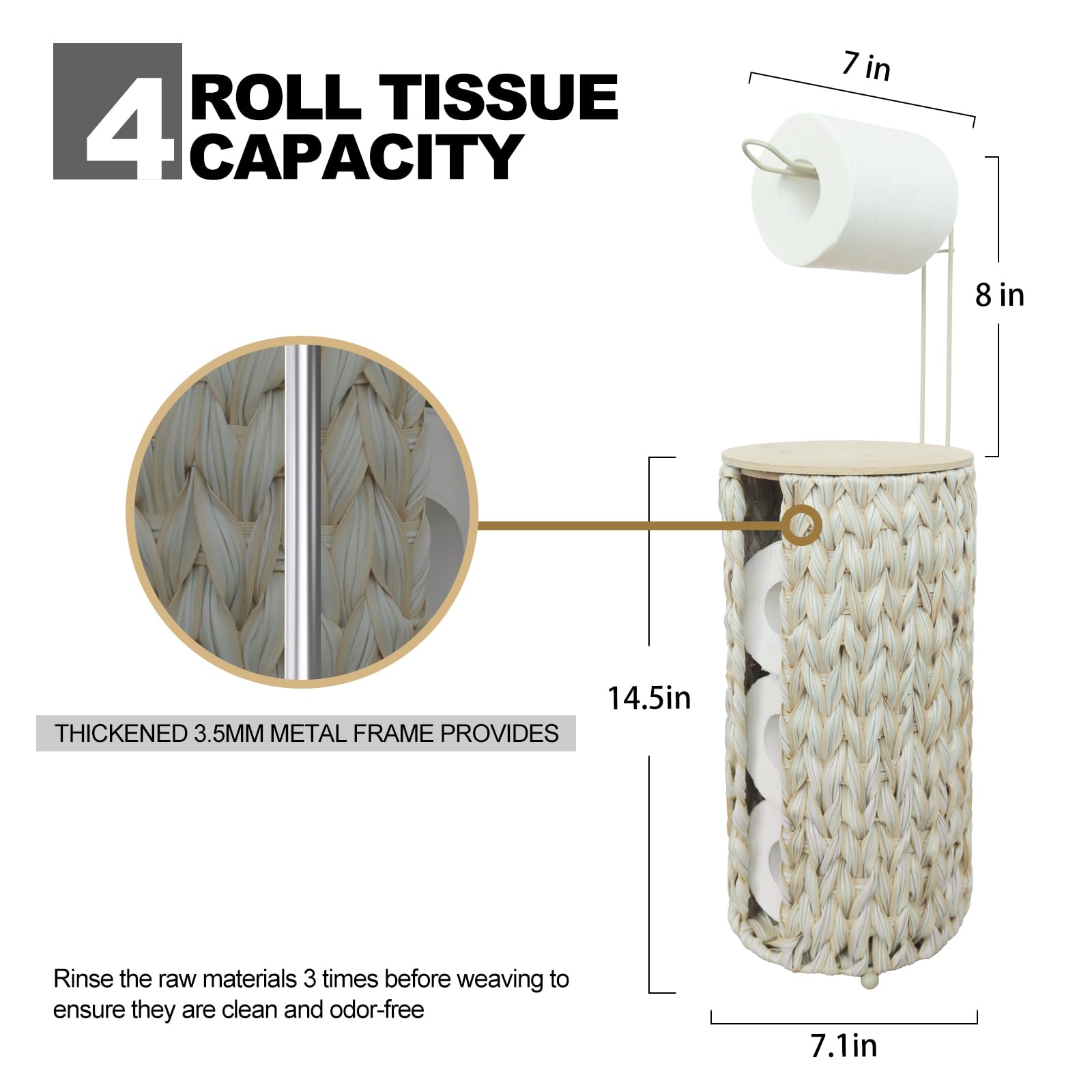 Coeusy Free Standing Toilet Paper Holder With Storage,4 Rolls Of Tissue Holder For Bathroom,Handmade Woven Boho Bathroom Decor T