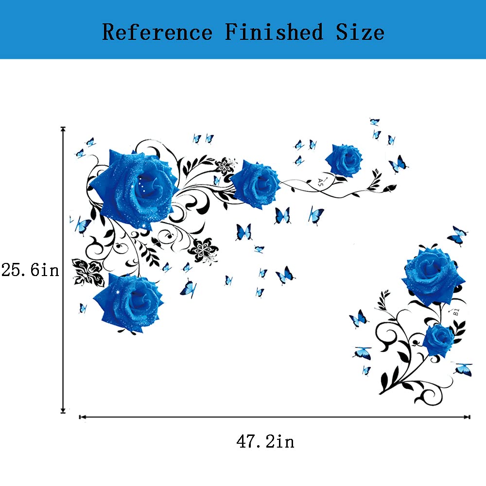 Supzone Blue Rose Wall Stickers Vinyl Floral Decal for Bedroom & Living Room, Model WS298