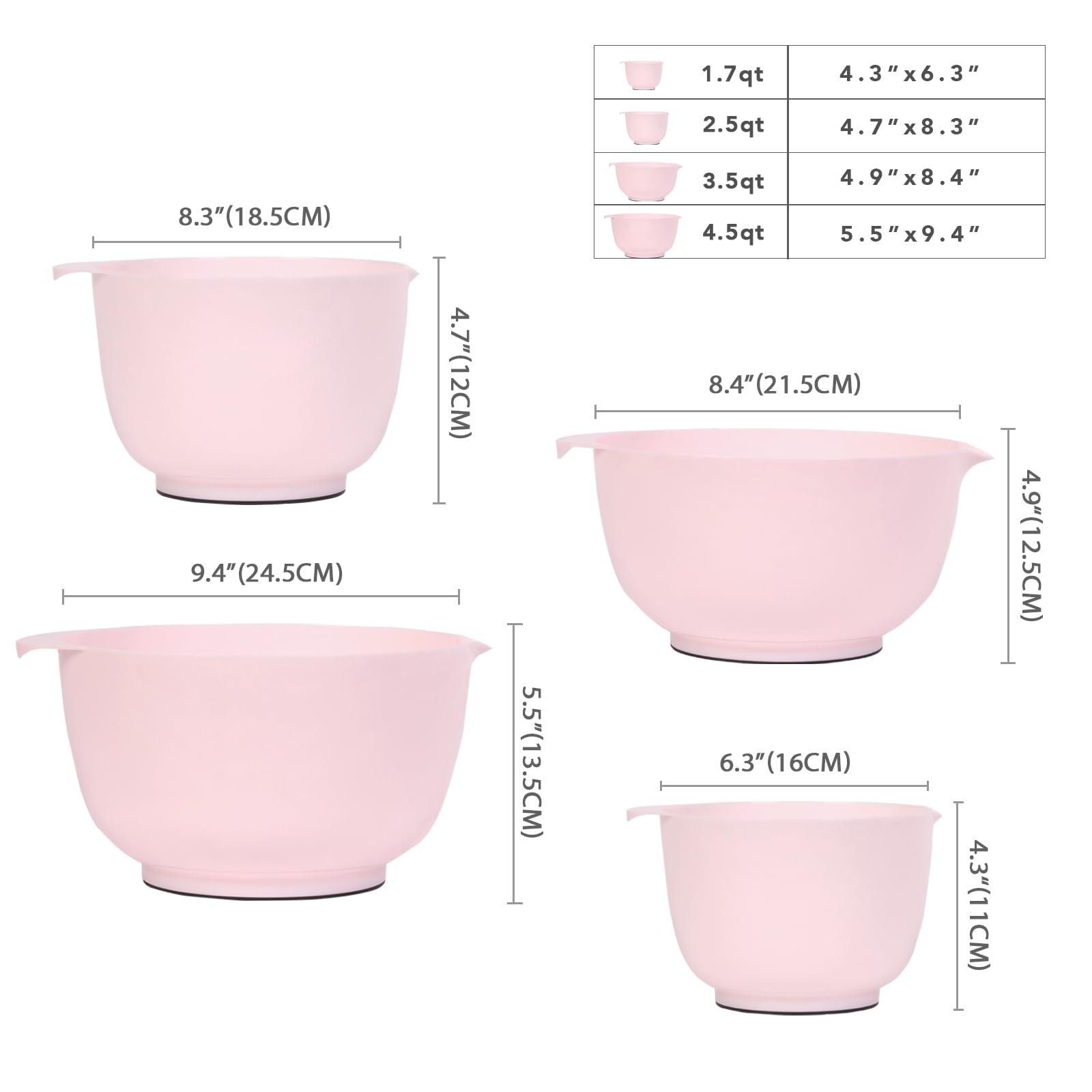 Boxedhome Nesting Plastic Mixing Bowl Set, 4 Piece Mixing Bowl Set With Pour Spouts, Size 1.7, 2.5, 3.5 And 4.5Qt, For Prepping,