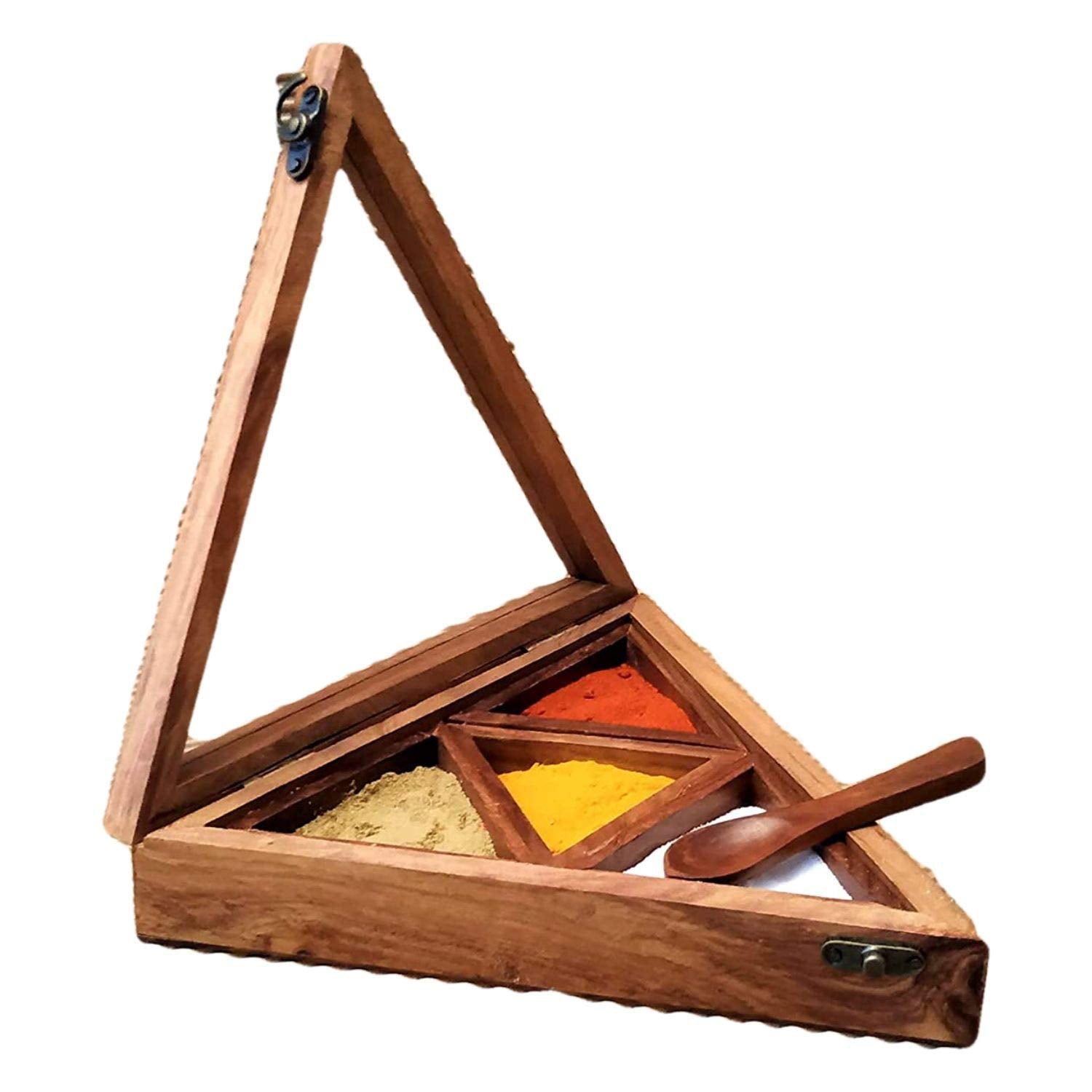 India Meets India Wooden Masala Dabba Spice Box Containers Jars With Spoon By Awarded Indian Artisan (L8Xw8Xh2 Inch, Triangle