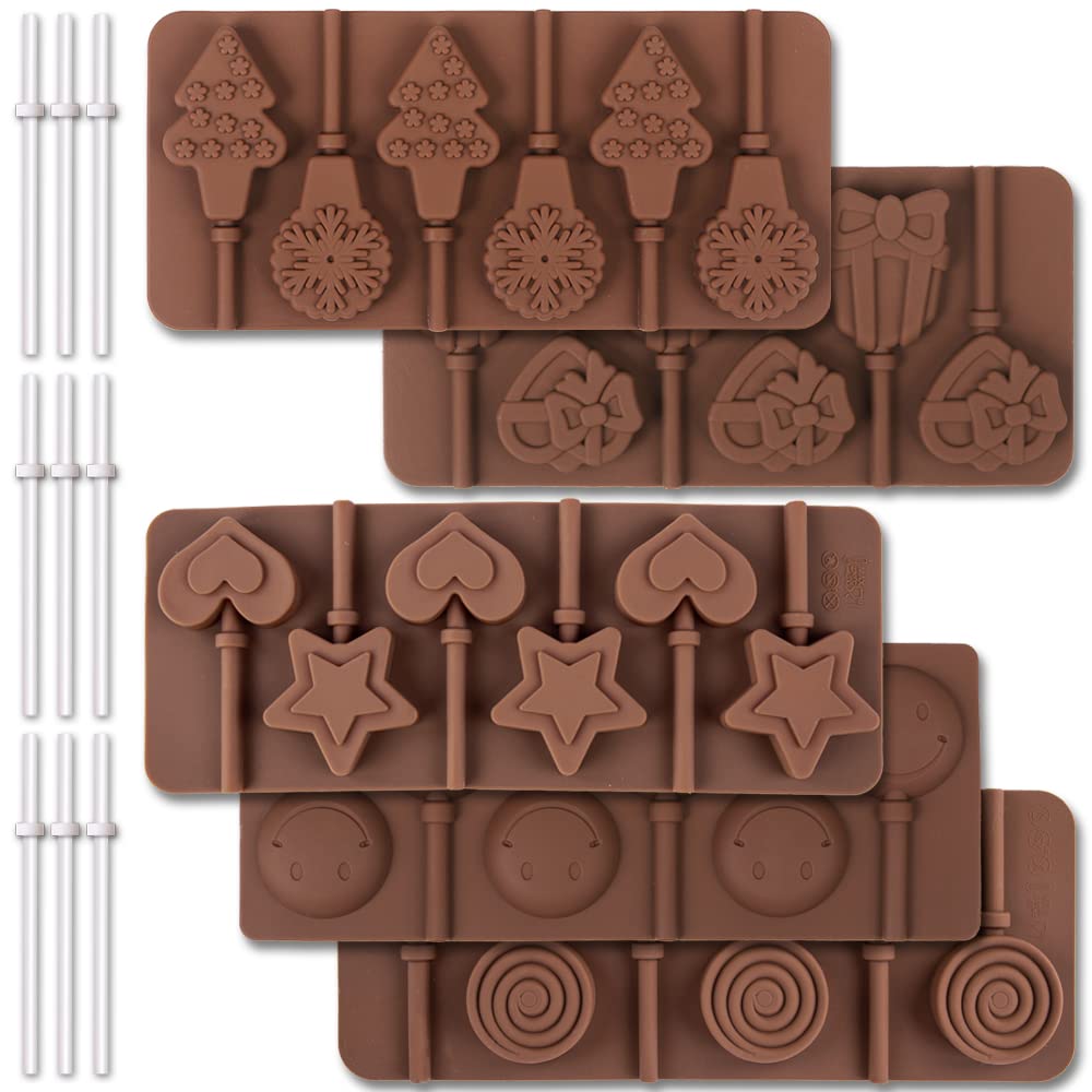 Cozihom 6 Cavity Silicone Lollipop Mold, Candy Mold, Christmas Candy Mold, Typical Round, Stars & Hearts, Bowknots, Christmas, S