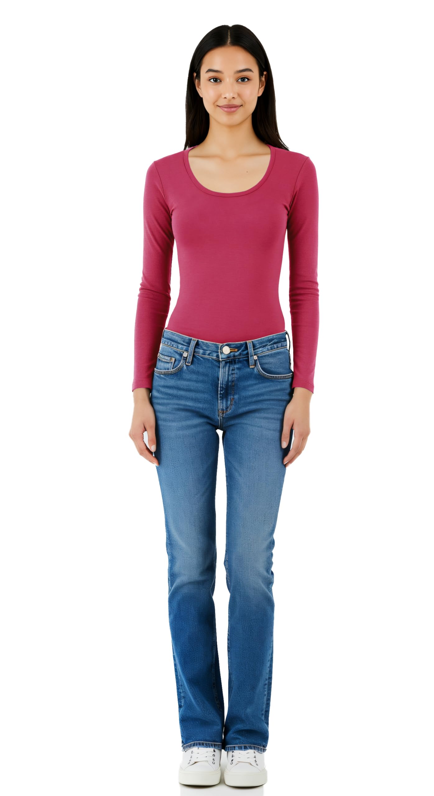 Emmalise Womens Junior And Plus Size Basic Scoop Neck Tshirt Long Sleeve Tee, 1Xl, 2Pk Fuchsia, Red