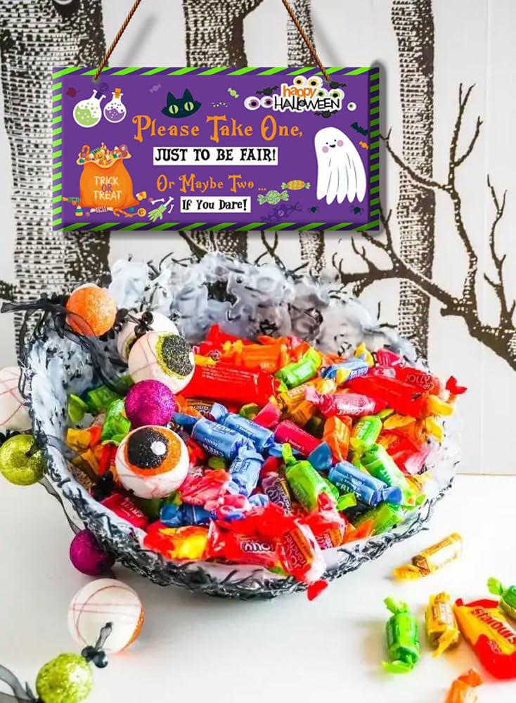 Reversible Halloween Take One/Out of Candy Unattended Candy Bowl Sign, Double-sided Print Durable Hanging PVC Signage for Trick
