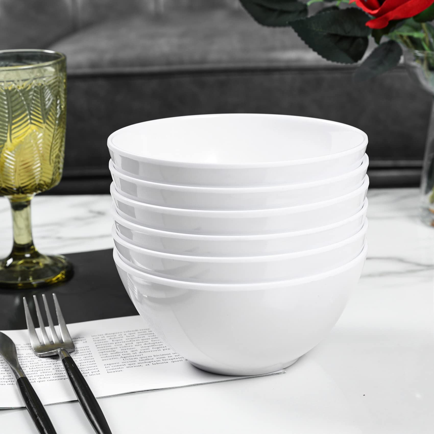 Yinshine Melamine Cereal Bowls - 28Oz White Dinnerware Soup Bowls Set, Pack Of 6
