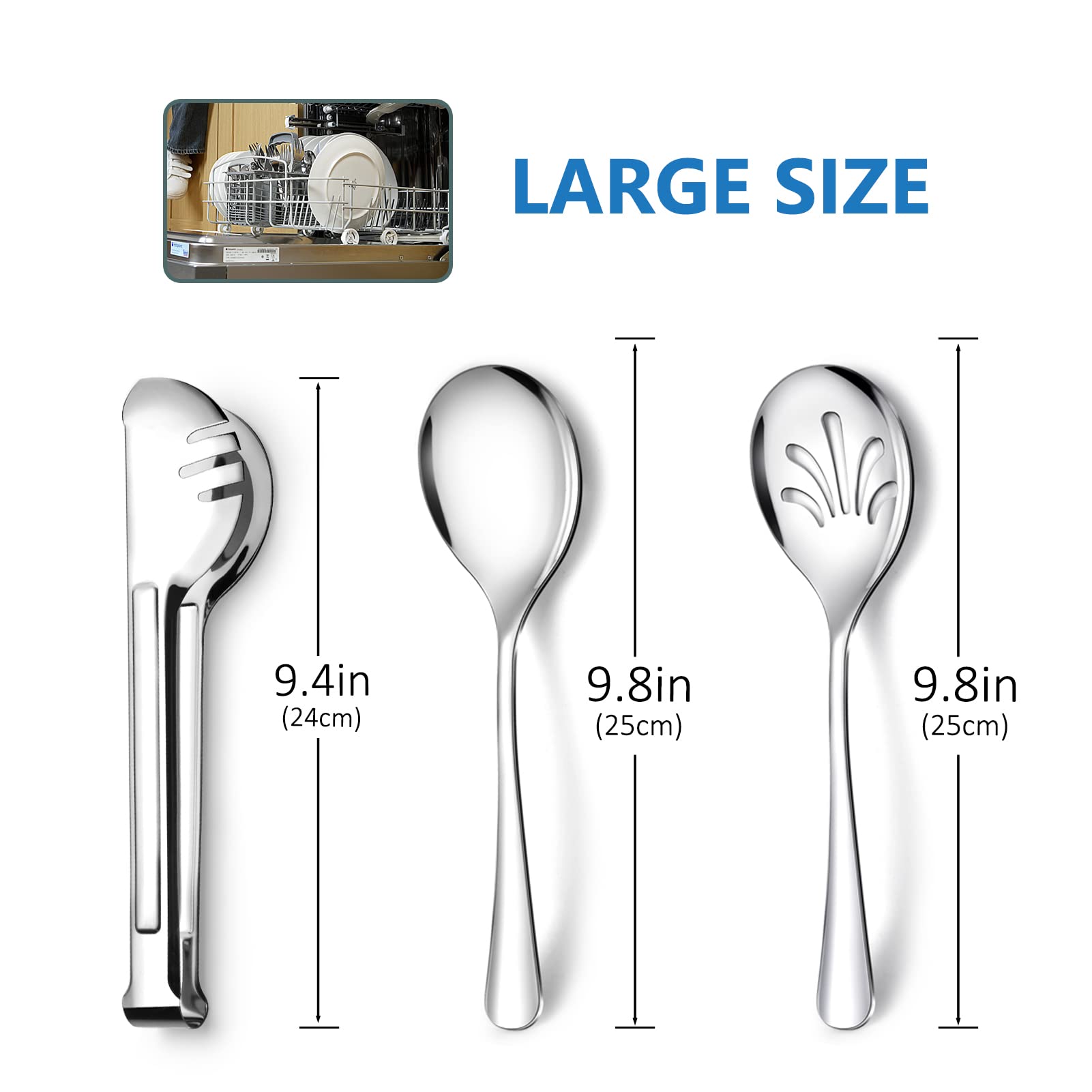 Stainless Steel Metal Serving Utensils - Large Serving Sets-10'' Spoons, 10'' Slotted Spoons And 9'' Tongs By Teivio (Silver, Se