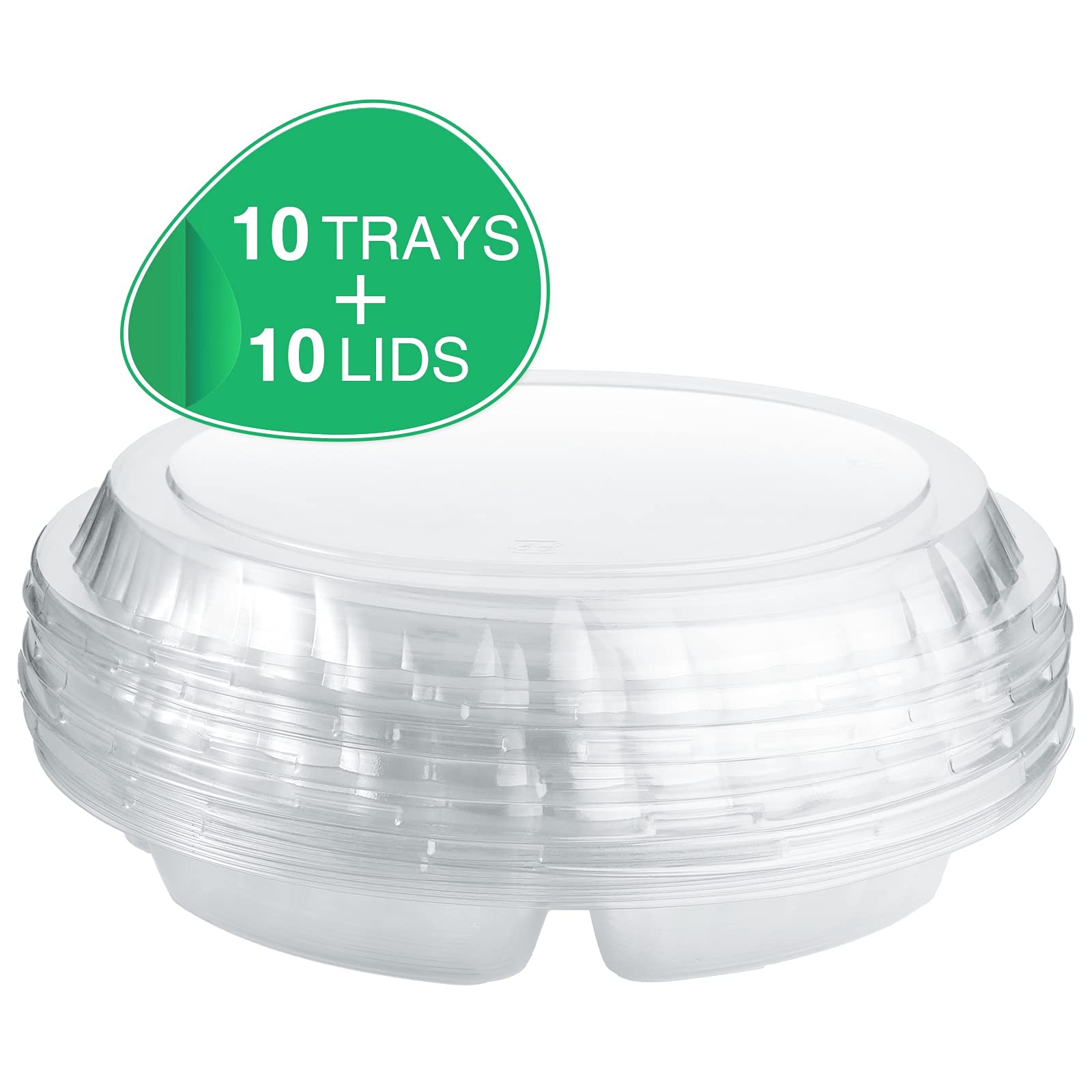 Patelai 10 Pcs Clear Plastic Veggie Tray Set, 6 Compartment Appetizer Serving Platters, Round Disposable Food Trays, Model LM-Patelai-16776