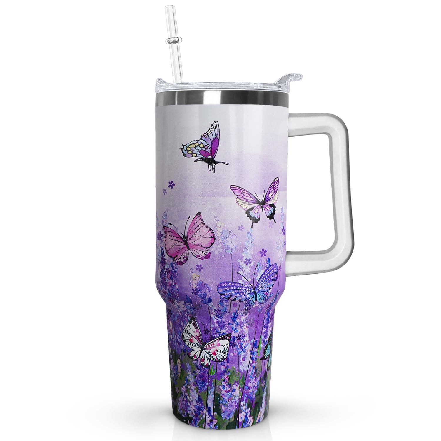 Ceovfoi 40 Oz Butterfly Tumbler With Handle, Purple Lavender Coffee Travel Mug Cup, Water Bottle, Butterfly Decor, Gifts for Wom