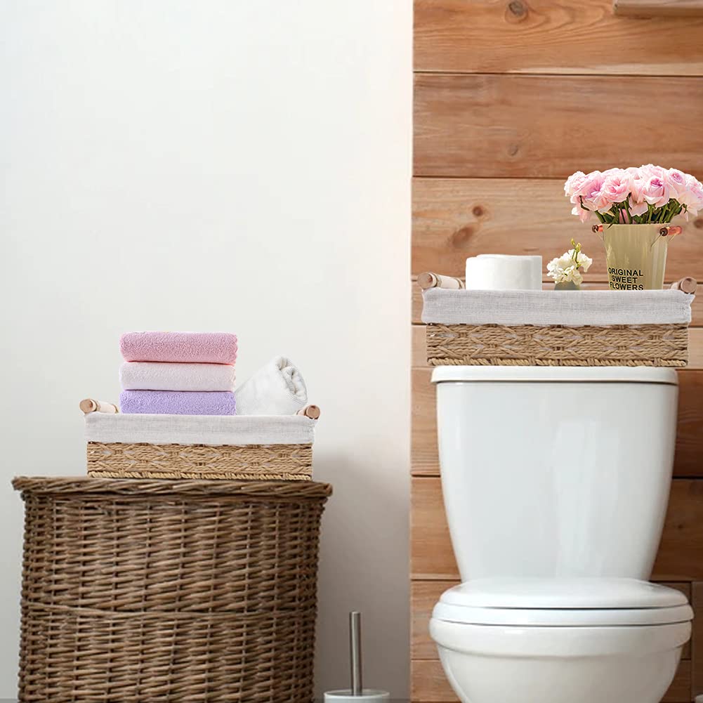 DUOER Round Paper Rope Storage Basket  Wicker Baskets for Organizing with Handle  Decorative Bins for Countertop  Toilet Paper Basket for Toilet Tank Top  Small Baskets Set (Set of 2 Beige)
