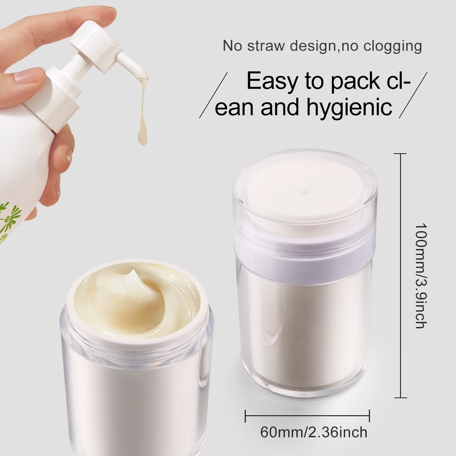 Usrommaner 2 Pack 3.34 Oz Airless Pump Jar,Empty Acrylic Vacuum Jar With Press Pump,Portable Travel Face Cream Lotion Container