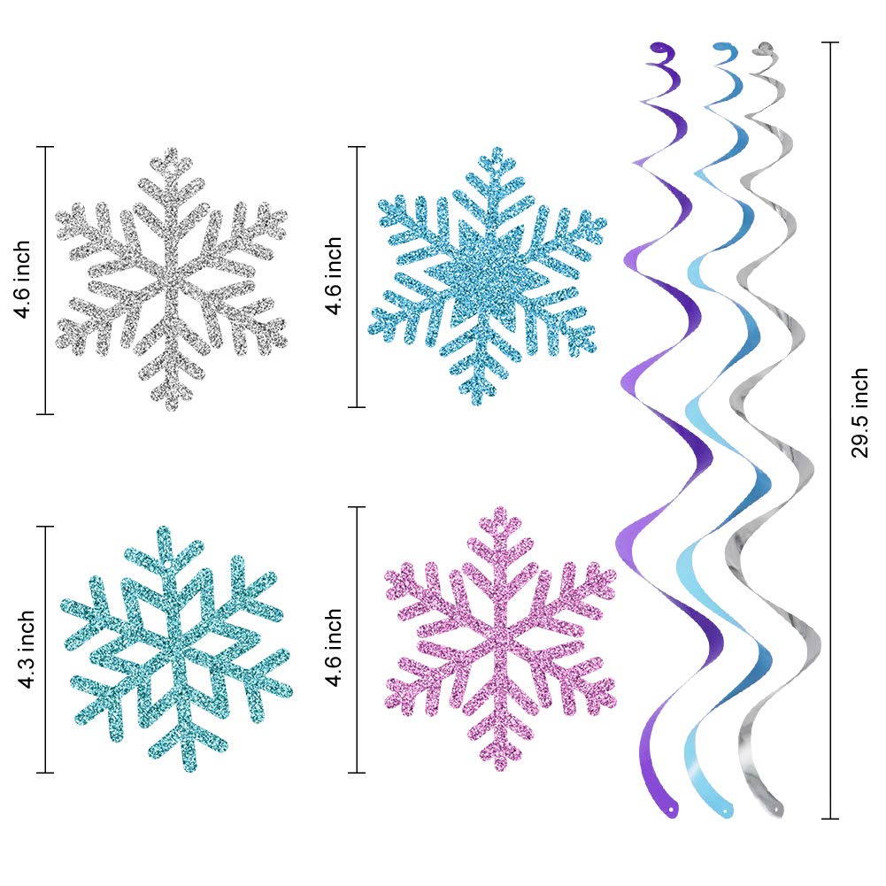 20Pcs Winter Snowflake Hanging Swirls Decorations, Winter Hanging Ceiling Streamers Purple Blue White Frozen Snowflakes Garland