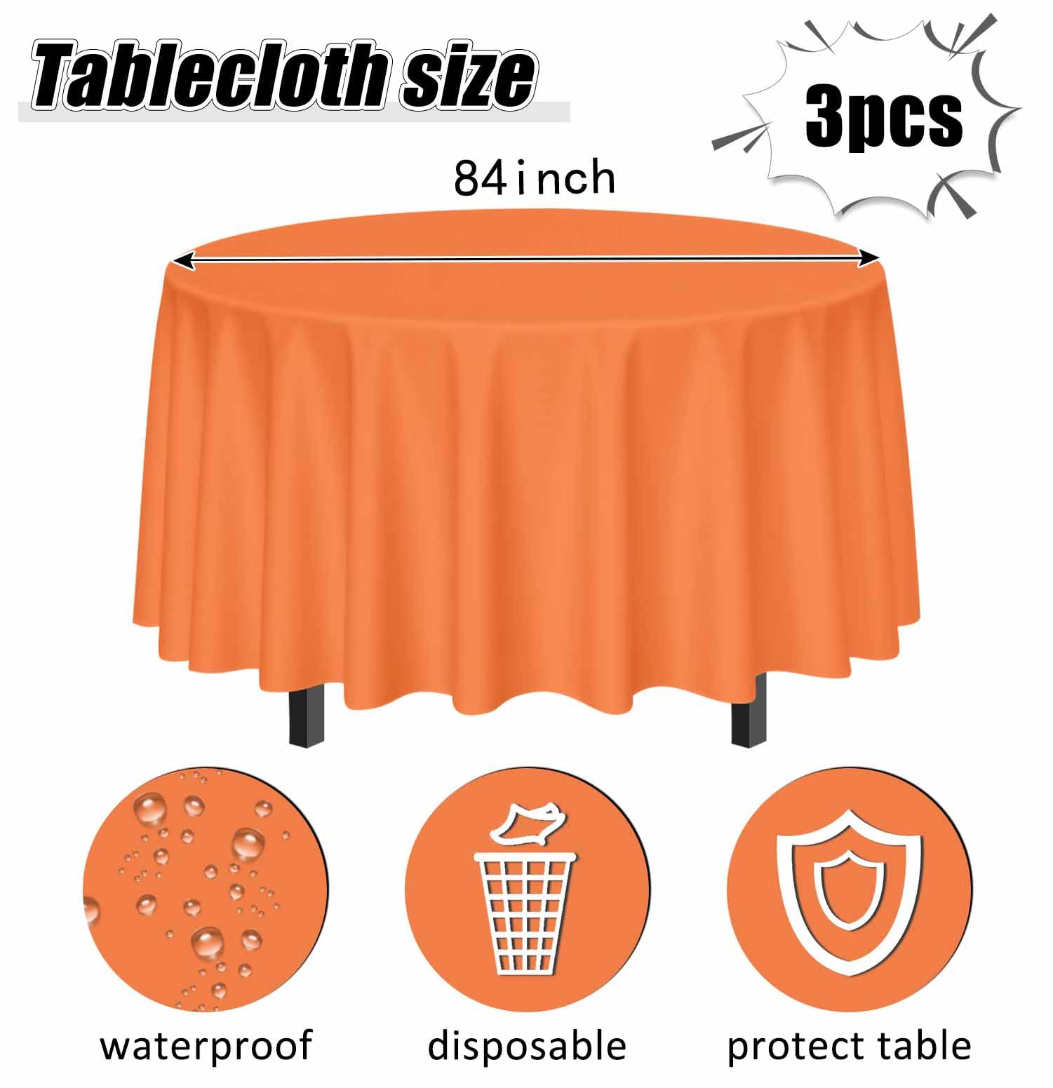 SietDESEO 3 Pack Orange Tablecloth Round 84 x 84 Plastic Table Cover Waterproof Orange Table Cloth Disposable for Wedding Birthd