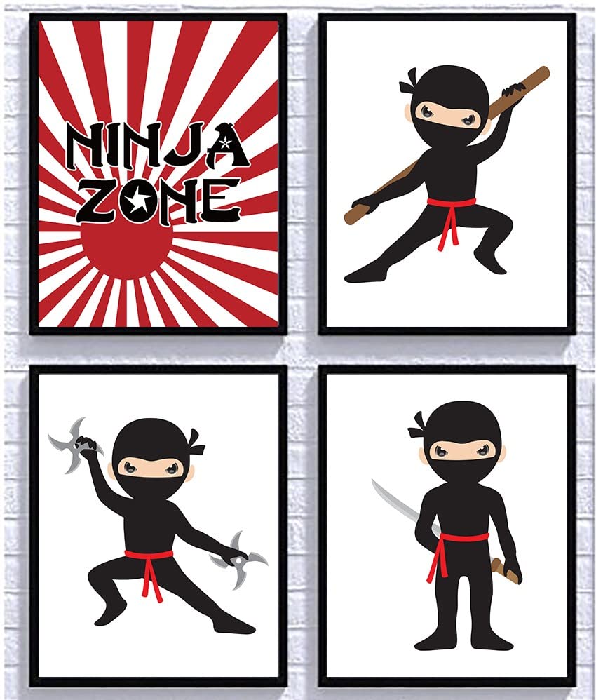 Ninja Zone Star Red White Black Wall Art Decor (Set Of Four) Room Decoration