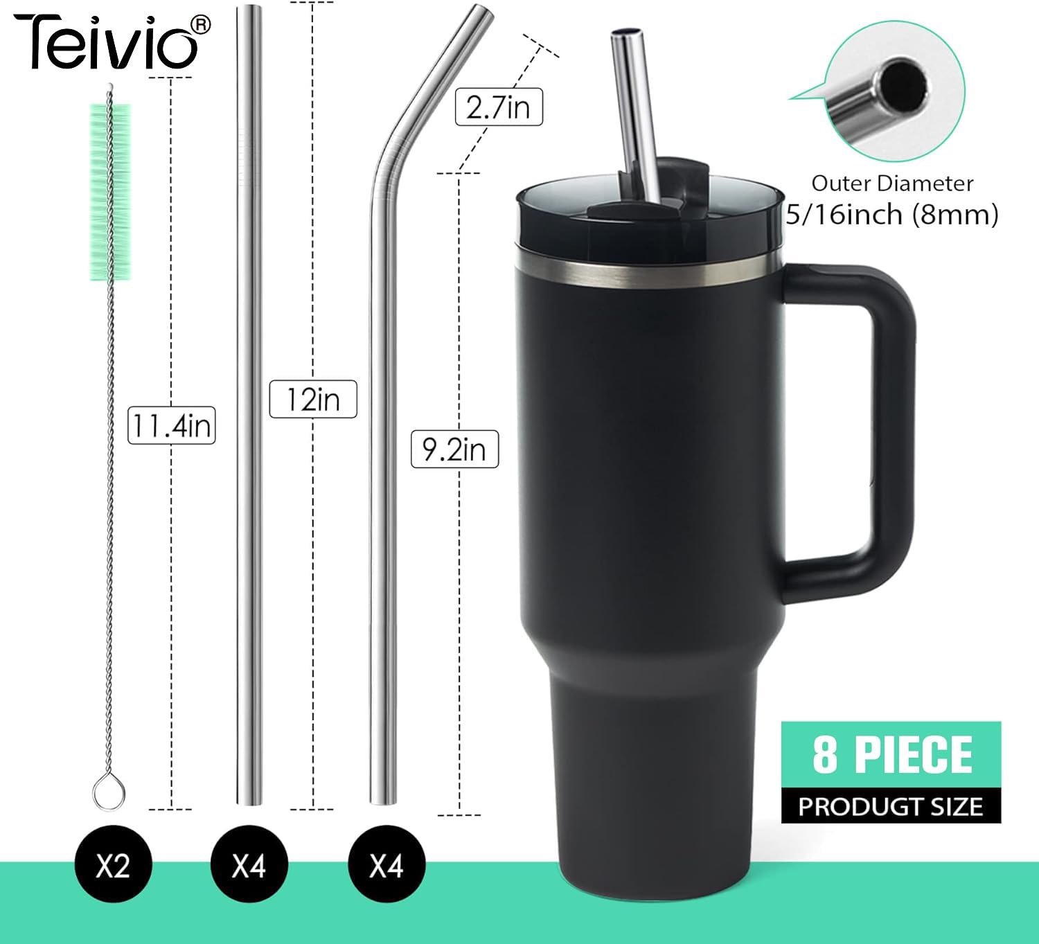 Teivio Stainless Steel Straws Set - 8 Piece 5/16 inch Reusable Metal Straws with Silicone Tips & Cleaning Brush, Silver, 12 Inch Long