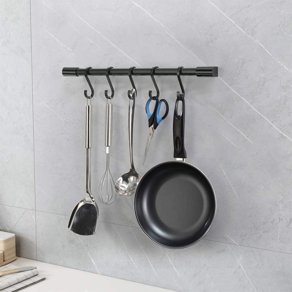 Miaohui Kitchen Rail With Hooks, Pan And Pot Hangers For Kitchen Wall Mount, Kitchen Utensil Rack With Removable S Hook, Aluminu