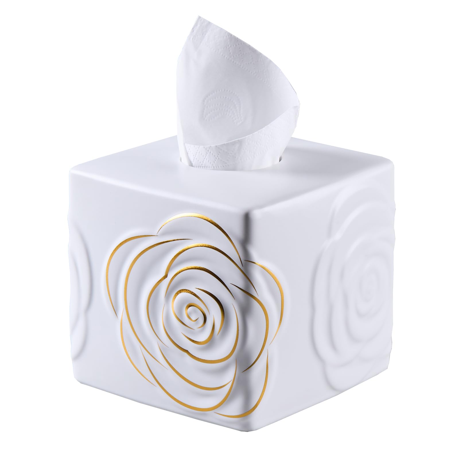 White Ceramic Cube Tissue Box Cover with Gold Rose - Large Elegant Rose Floral Square Decorative Tissue Box Holder for Bathroom,