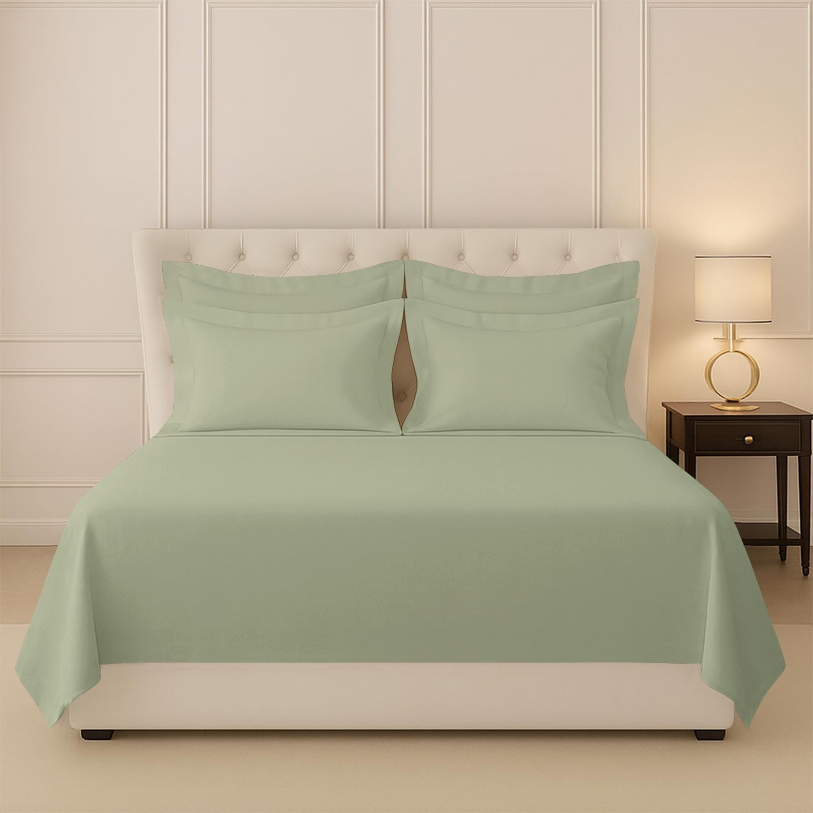 Pizuna 100% Cotton Bedsheet Super King Size Light Sage, 400 Thread Count Long Staple Combed Cotton Flat Bedsheets 108X108 Inches