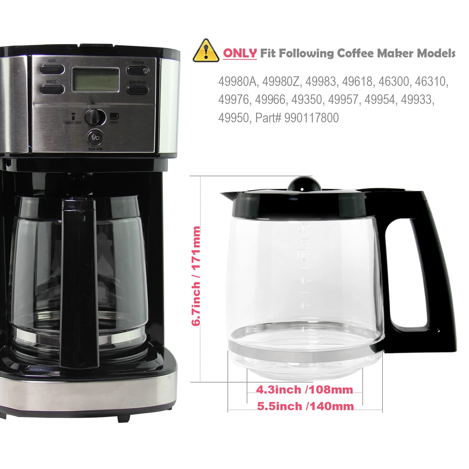 12-Cup Replacement Glass Carafe Pot Compatible With Hamilton Coffee Maker Models 46310, 49976, 49966, 49350, 49957, 49954, 49933