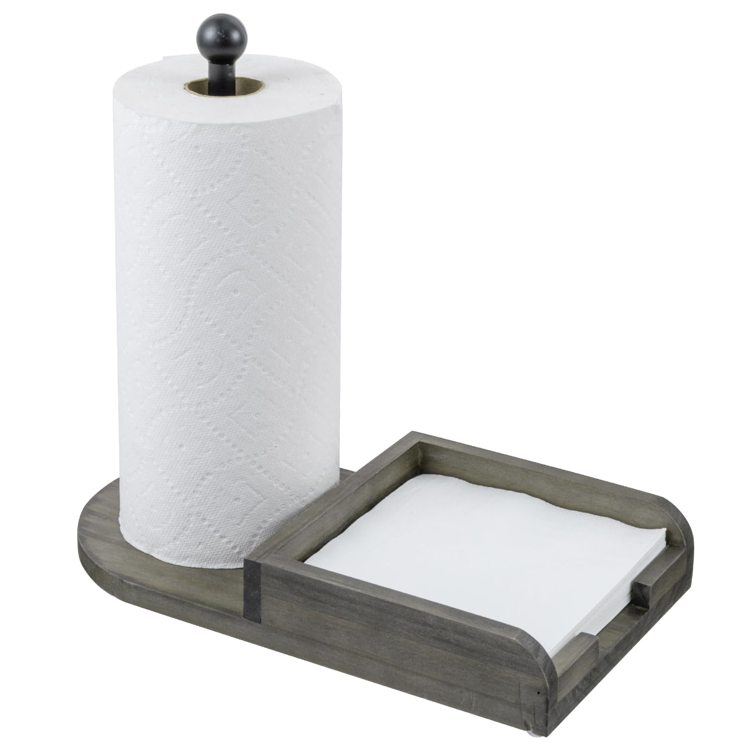 Mygift Vintage Weathered Gray Solid Wood And Black Metal Paper Towel Roll Holder And Napkin Dispenser Combination Storage Rack F