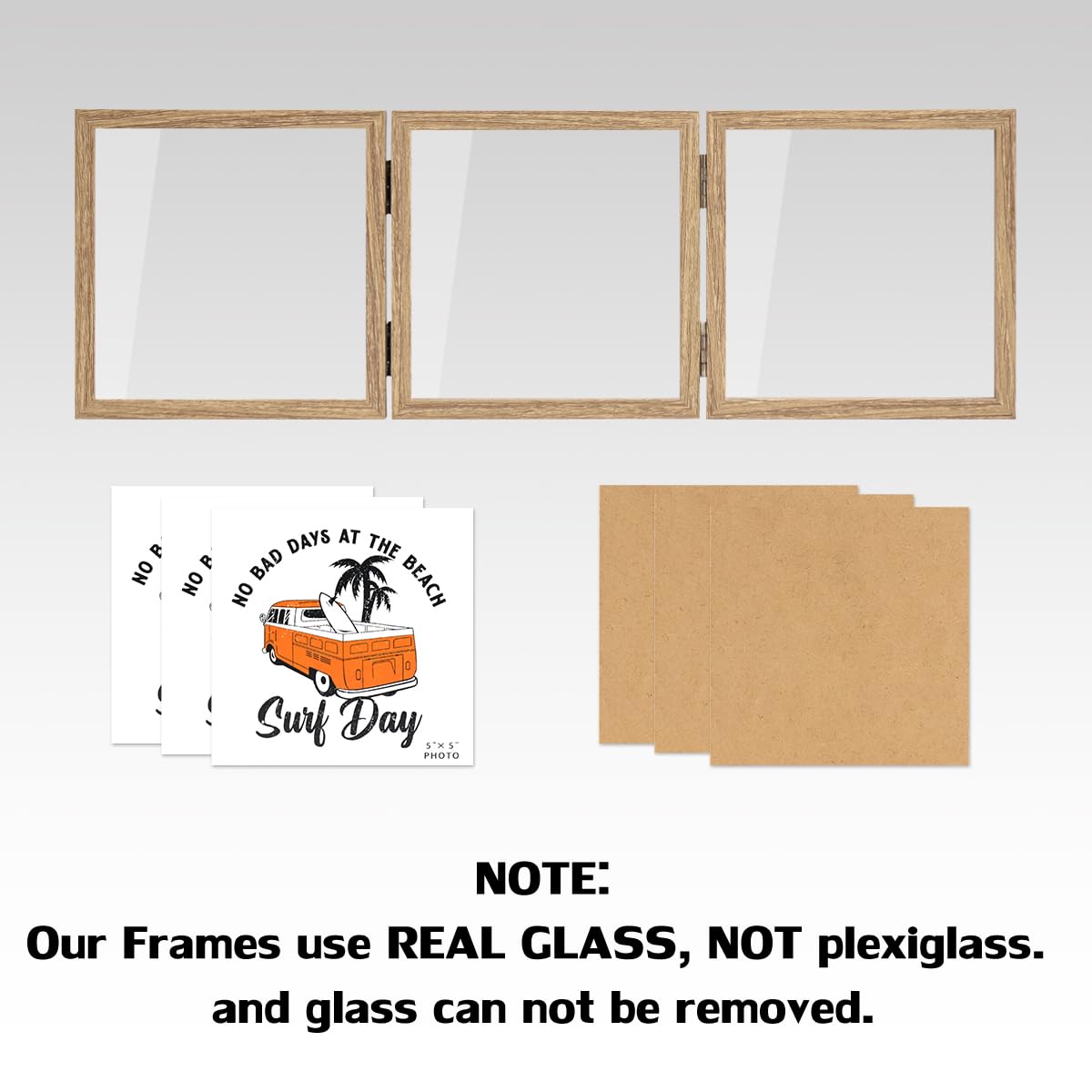 3 Picture Frame 5x5 Triple Hinged MDF Wood Grain with Glass Front Three Opening Photo Frame Stand Vertical on Tabletop