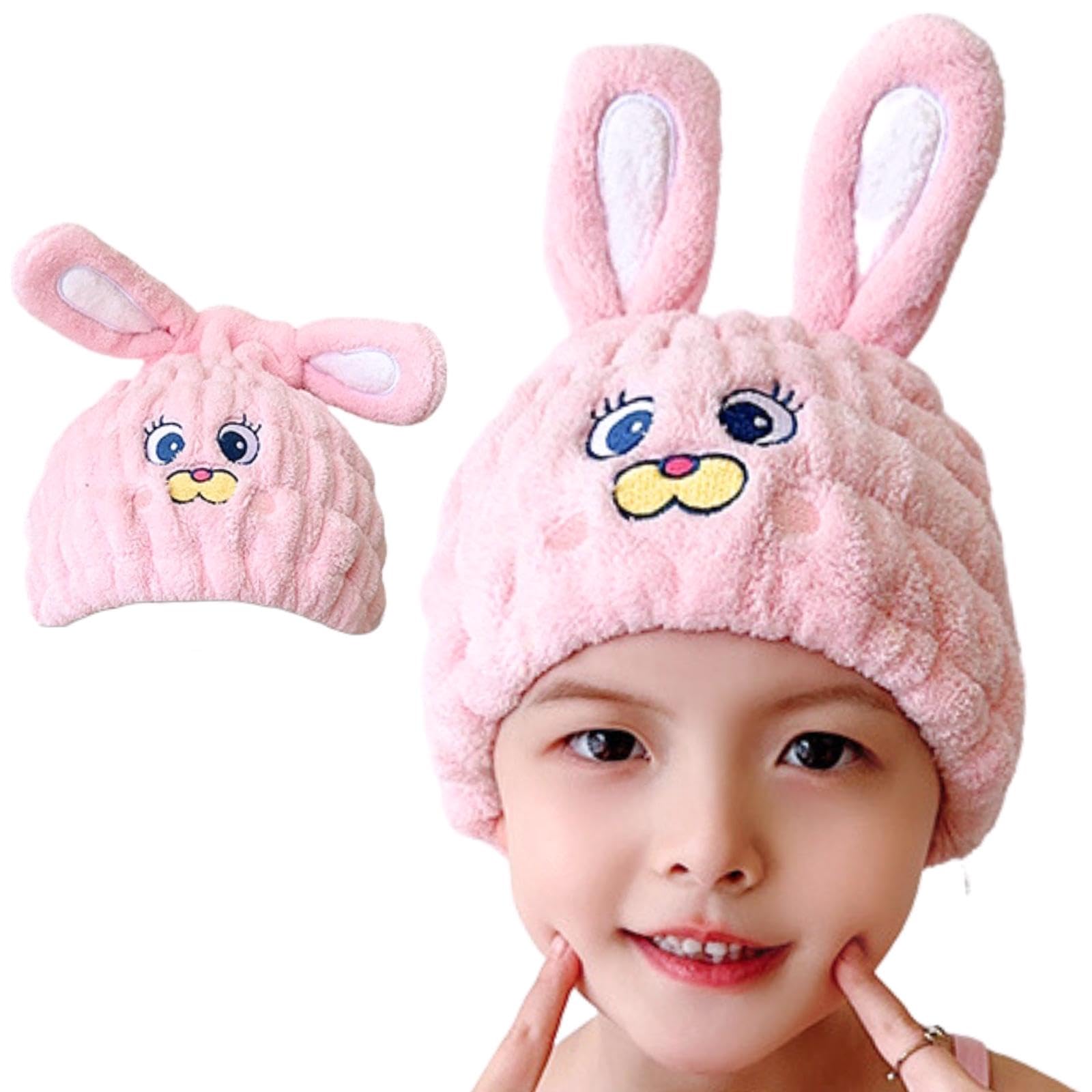 LCBD Microfiber Hair Towel Wrap for Kids, Pink Rabbit Dry Hair Cap Set with Hair Scrunchies, Absorbent Quick Hair Drying Towel f