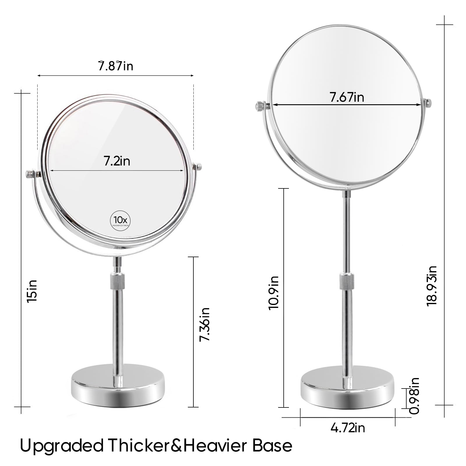 Nicesail 19 Inch Tall Makeup Mirror with 10X Magnification  Make up Mirror 8 Inch Double-Sided  Table Mirror with Pedestal for Shaving  Standing Mirror Height Adjustable Chrome Finish (8 Inch  10X)