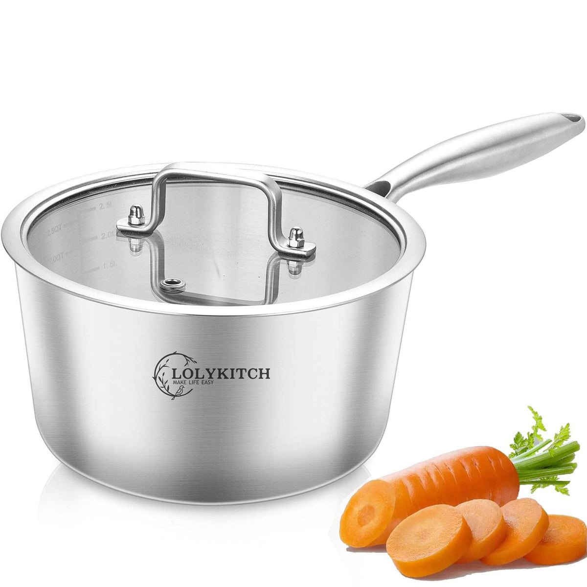 Lolykitch Tri-Ply 3 Qt Stainless Steel Saucepan With Lid,Dia.20Cm Induction Cooking Sauce Pot,Oven & Dishwasher Safe,Detachable
