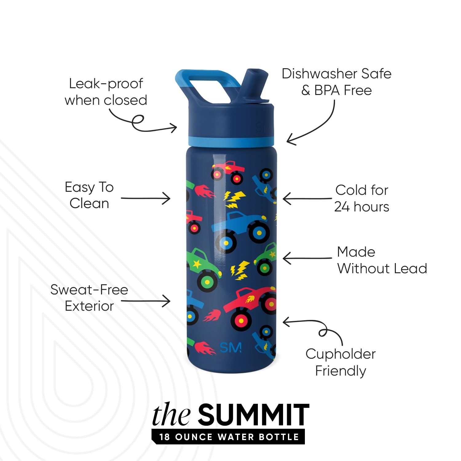 Simple Modern Kids Summit Water Bottle with Straw Lid | 18oz Stainless Steel Cup Insulated Tumbler for Boys, School | Monster Tr