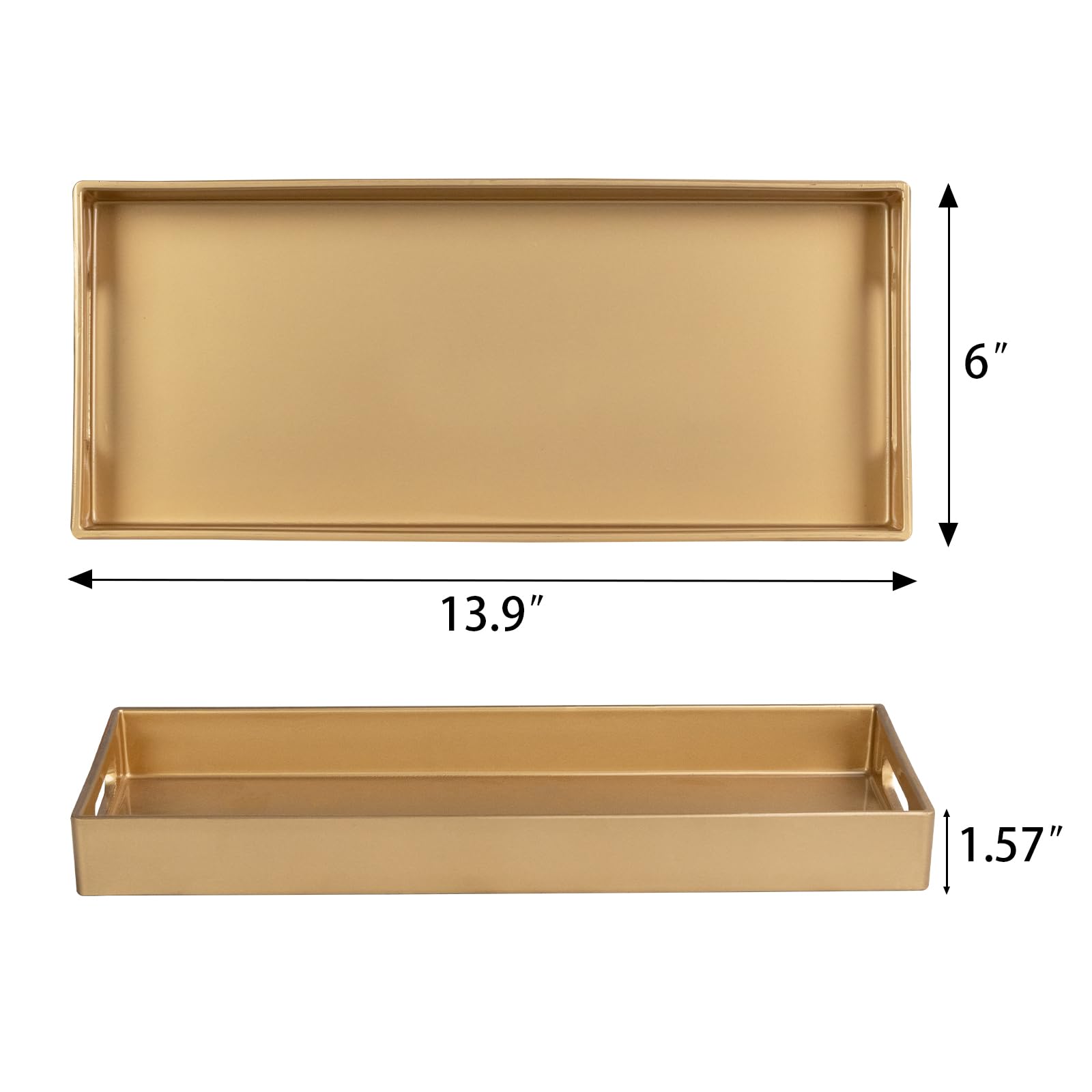 Maoname Gold Vanity Tray Set Of 2, Plastic Decorative Tray With Handles, Rectangular Bathroom Tray For Toilet Tank, Counter, 13.