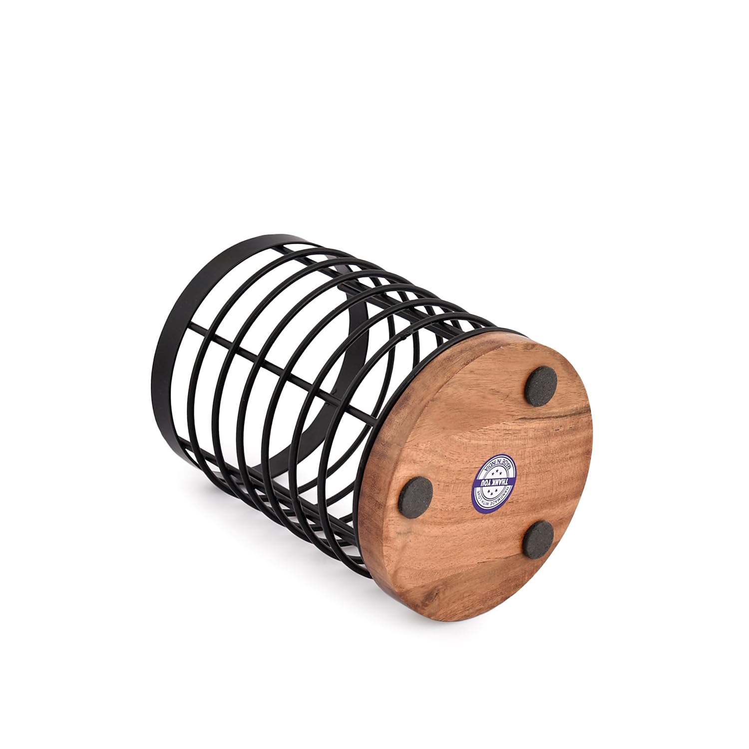 Edhas Black Iron Kitchen Utensil Holder With Acacia Wooden Base Round Flatware Storage For Countertop (4.5'' X 4.5'' X 6'')