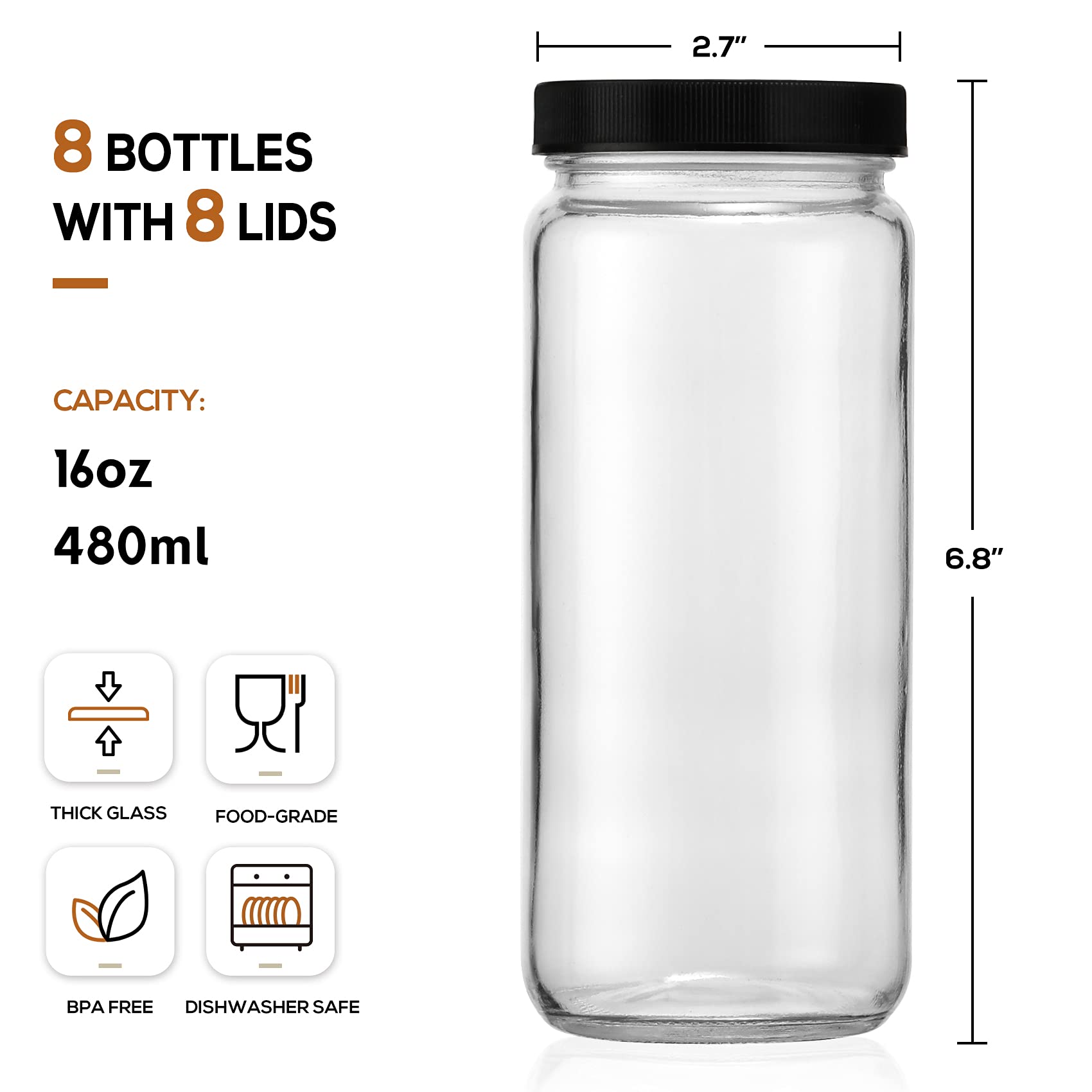 [ 8 Pack ] Glass Juicing Bottles With 2 Straws & 2 Lids W Hole- 16 Oz Travel Drinking Jars, Water Cups With Black Airtight Lids,