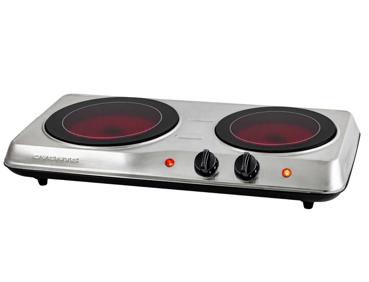 Ovente Countertop Infrared Double Burner, 1700W Electric Hot Plate And Portable Stove With 7.75'' And 6.75'' Ceramic Glass Cookt