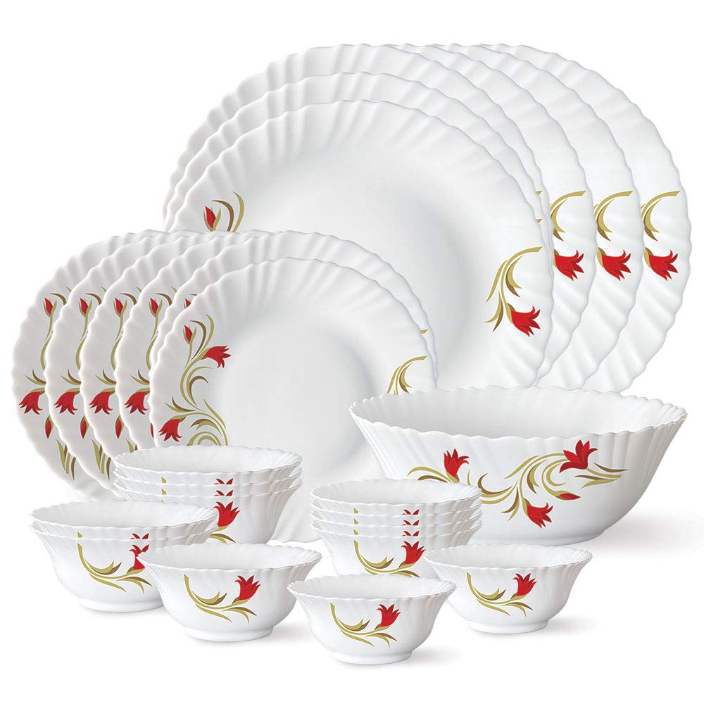 Larah By Borosil Floral Fluted Series Red Lily Opalware Dinner Set | 25 Piece For Family Of 6 | Microwave & Dishwasher Safe | Bo