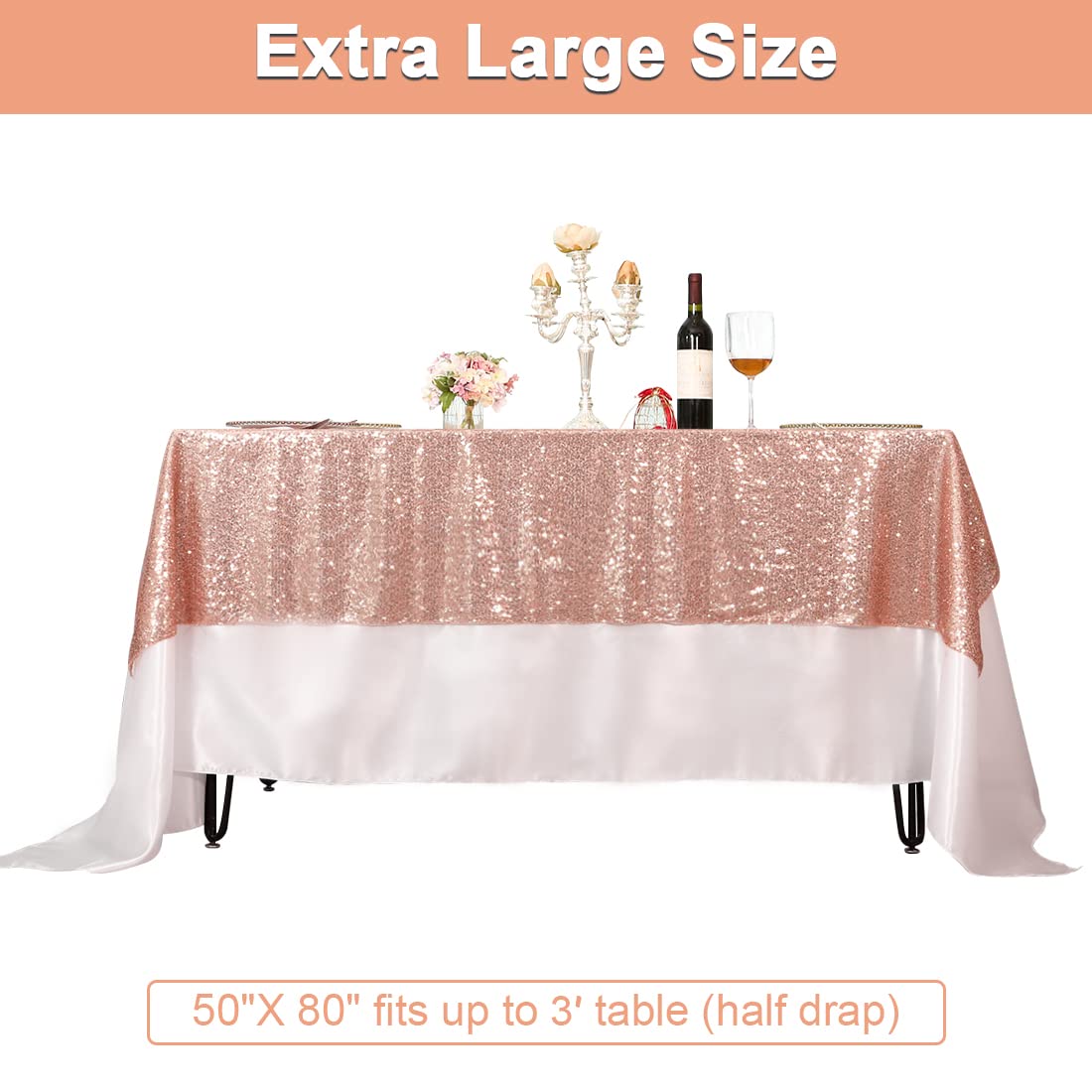 PartyDelight Sequin Tablecloth Rose Gold Rectangle 50x80 Shimmer Table Cloths Sparkle Glitter Decorations
